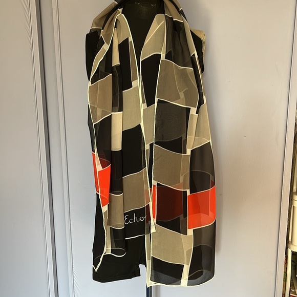 Vintage Echo Modern Geometric Sheer Silk Long Silk Scarf  Black, Gray, Red - Picture 9 of 9